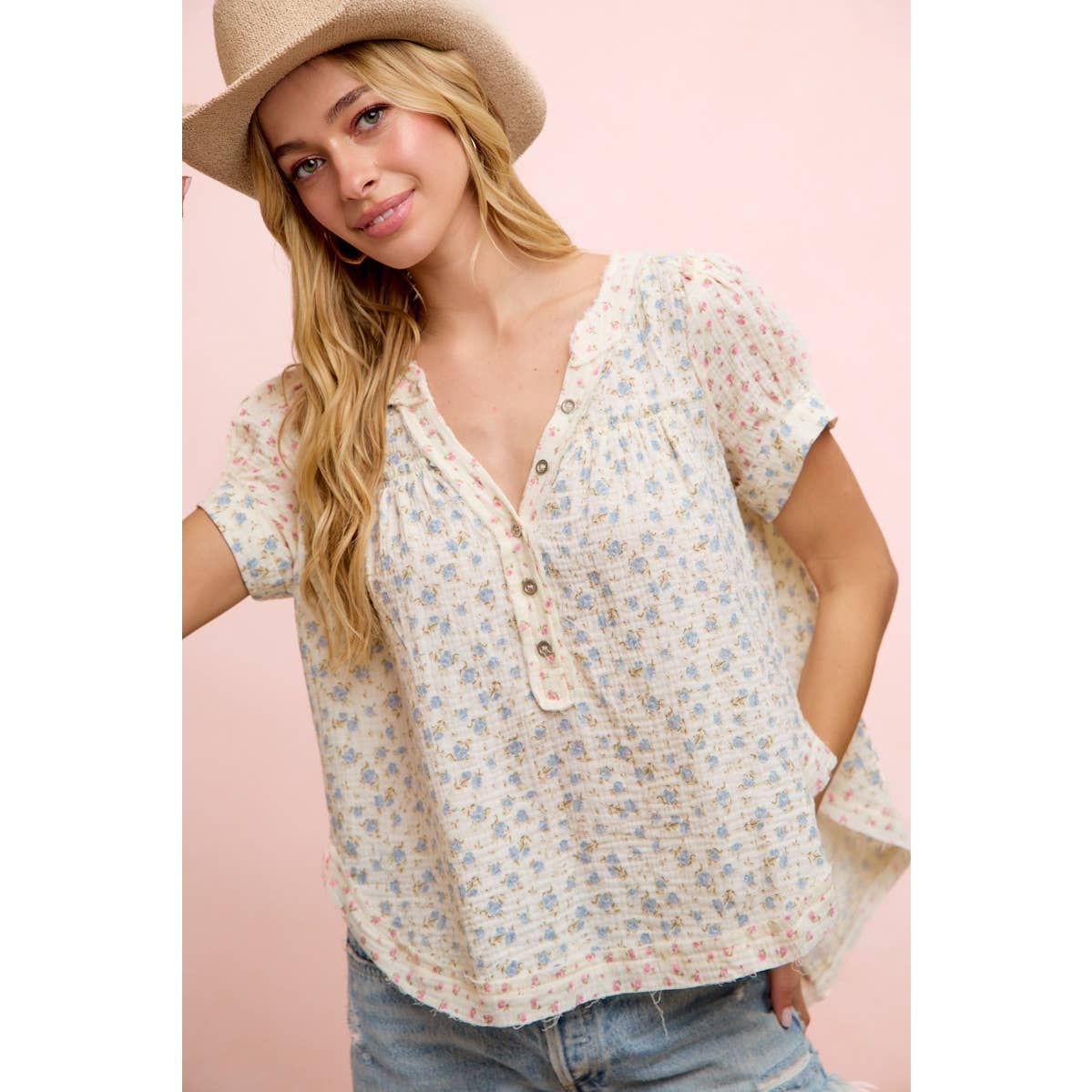 BiBI FLORAL CRINKLE NECKDROP SHORT SLEEVE BLOUSE TOP