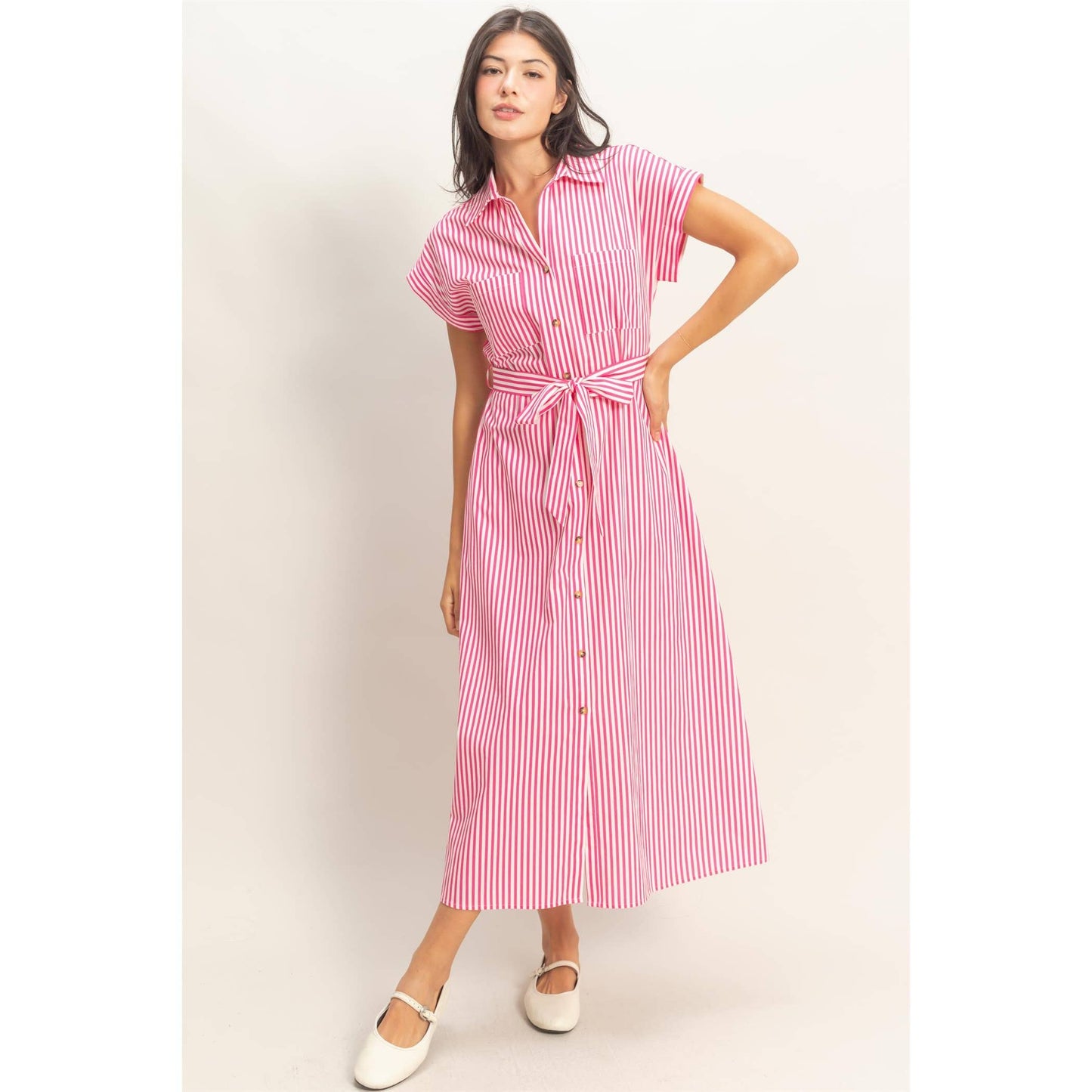 Double Zero Striped Poplin Belted Shirt Dress With Pockets Pink