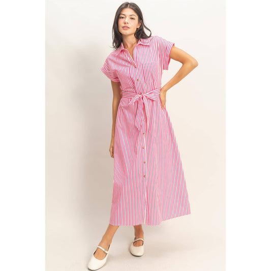 Double Zero Striped Poplin Belted Shirt Dress With Pockets Pink