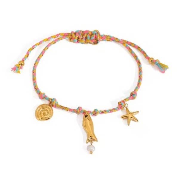 18K STAINLESS STEEL CORDED CHARM BRACELET