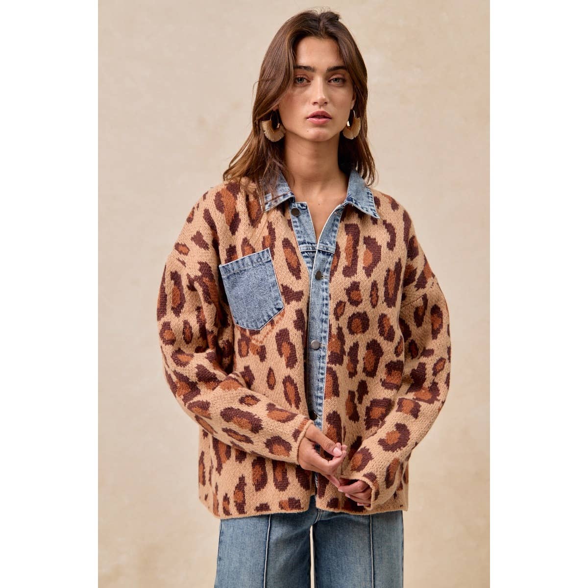 WASHED DENIM MIX AND MATCH LEOPARD SWEATER TOP