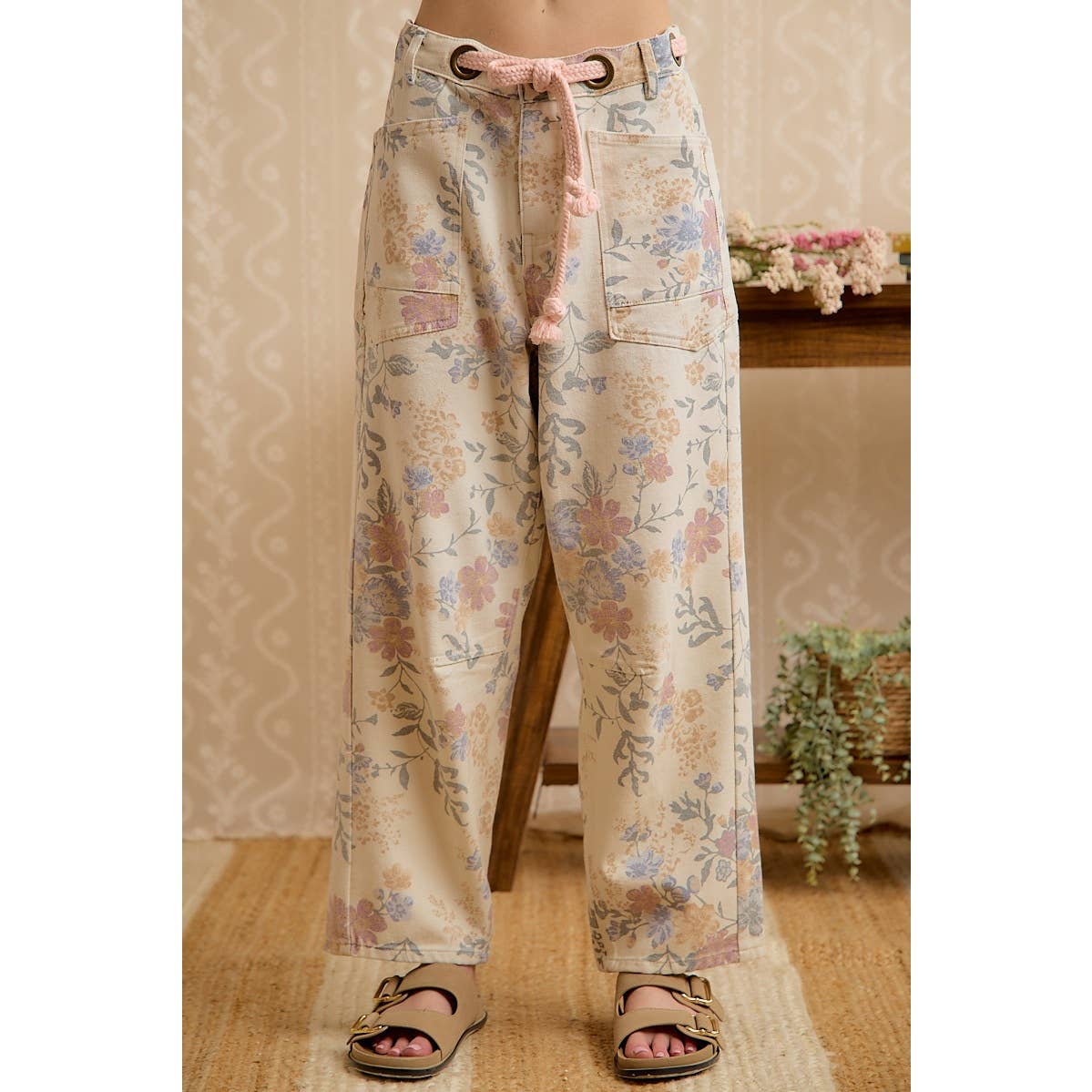 WOMEN VINTAGE WASHED FLORAL COTTON DRAWSTRING PANTS