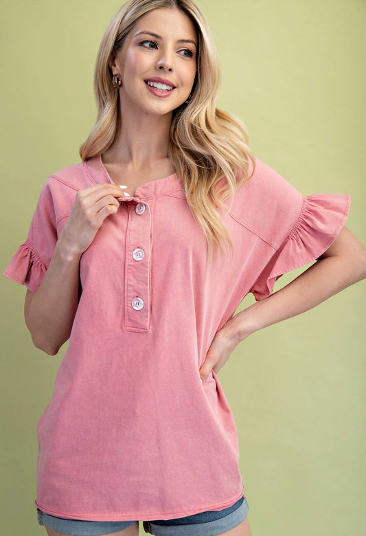 Gigio Washed Half Button T-Shirt with Seaming Details