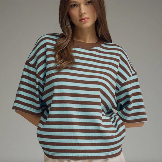 Entro Striped Short Sleeve Top Featuring Ribbed Texture Blue/Brown