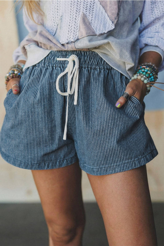 Stripe Elastic Waist Casual Denim Shorts