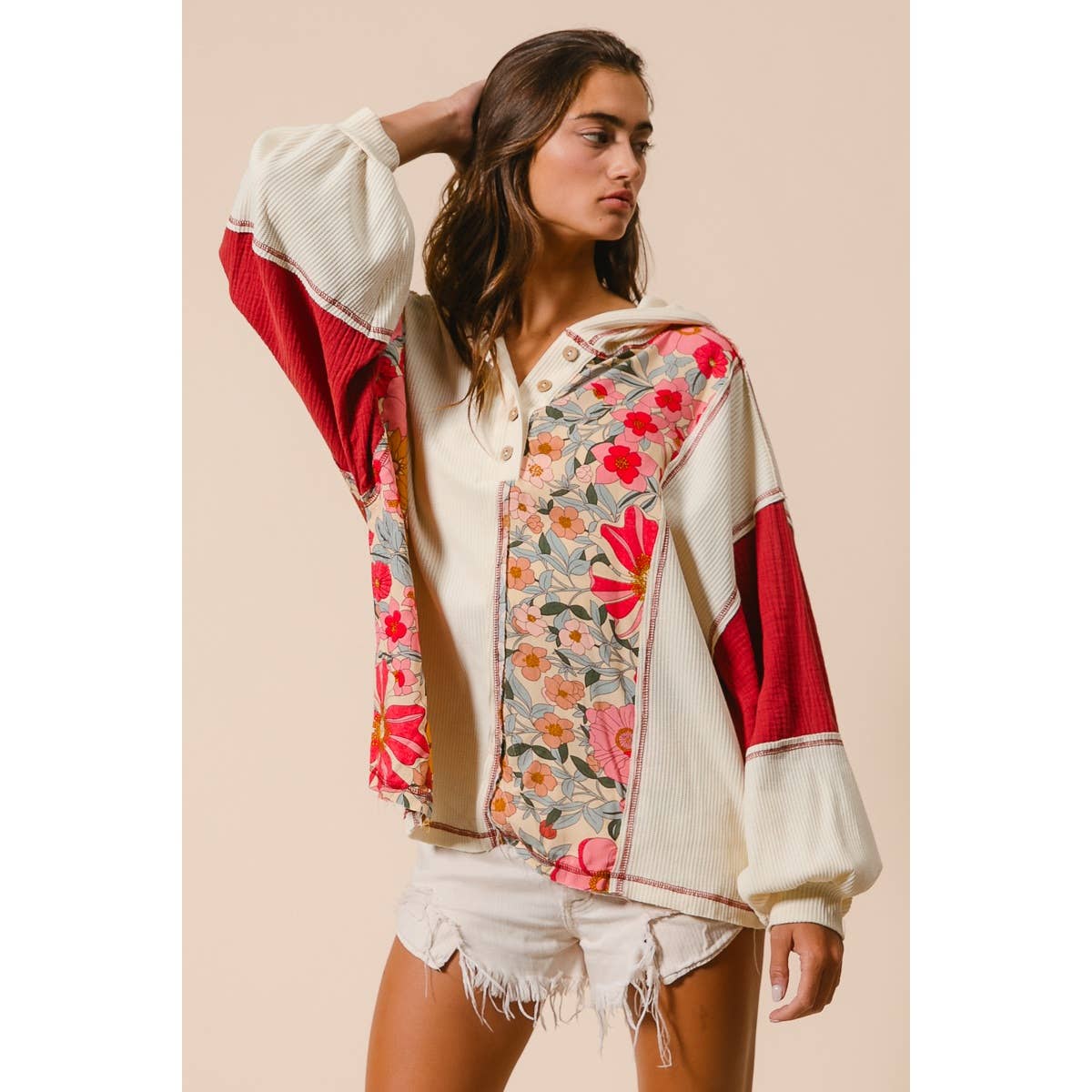 KNIT AND PRINT MIXED HOODIE TOP