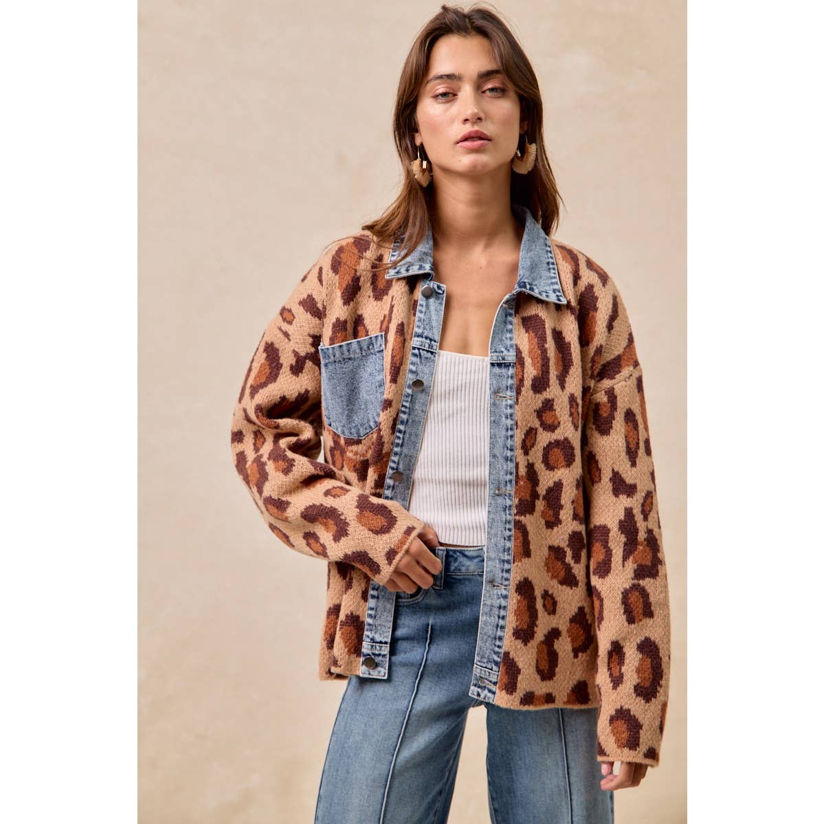 WASHED DENIM MIX AND MATCH LEOPARD SWEATER TOP