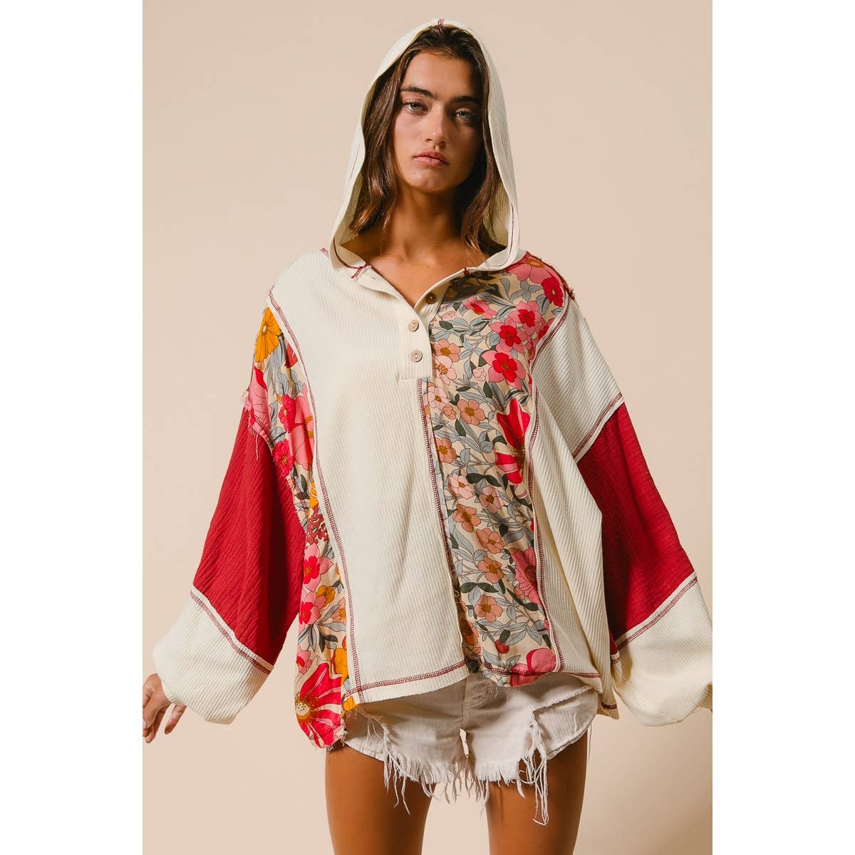 KNIT AND PRINT MIXED HOODIE TOP