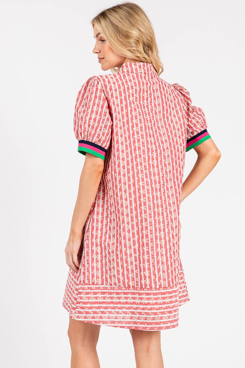 STRIPED FLORAL COLLARED PUFF SLEEVE DRESS
