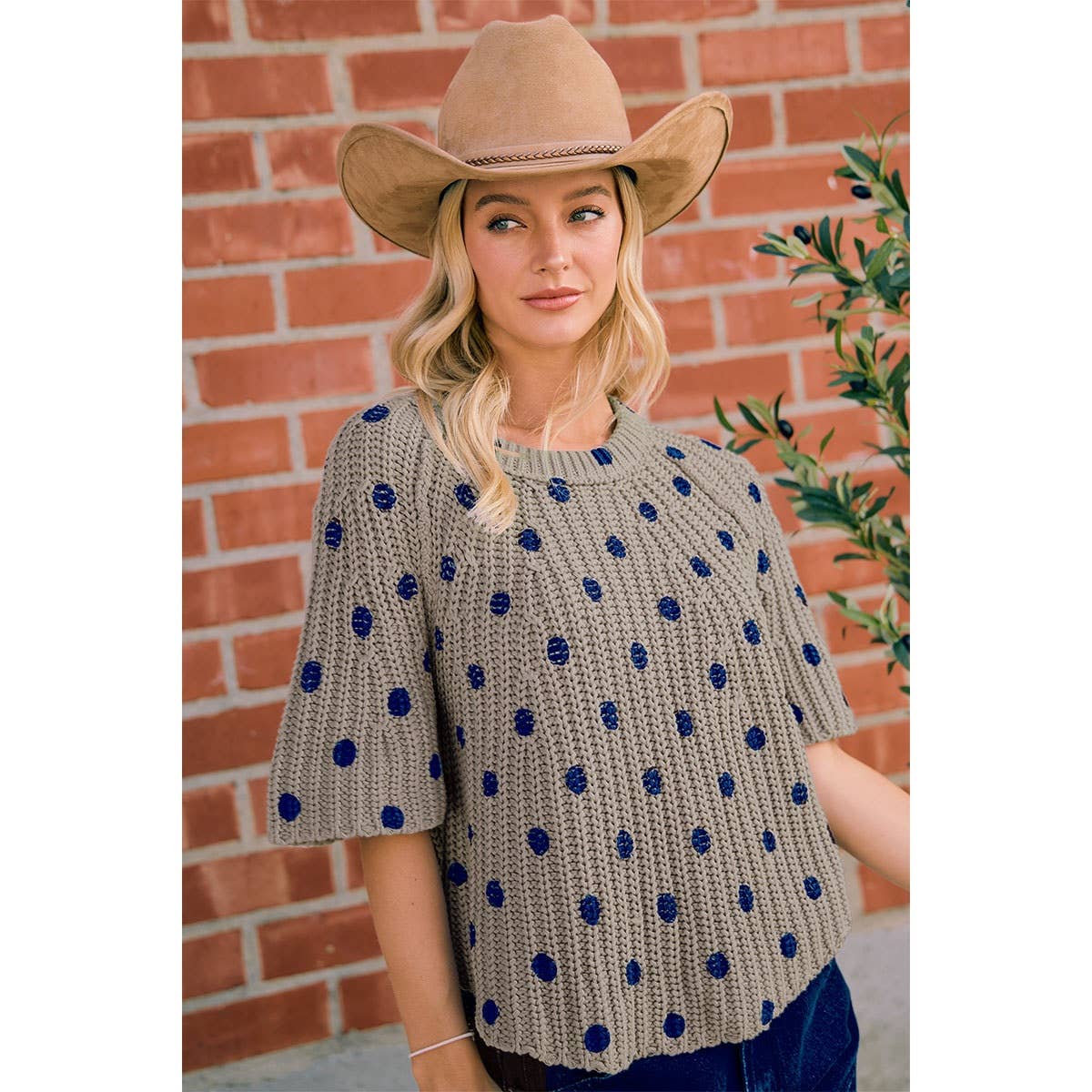 FLARED SLEEVES POLKA DOTS PRINTED CHUNKY SWEATER TOP