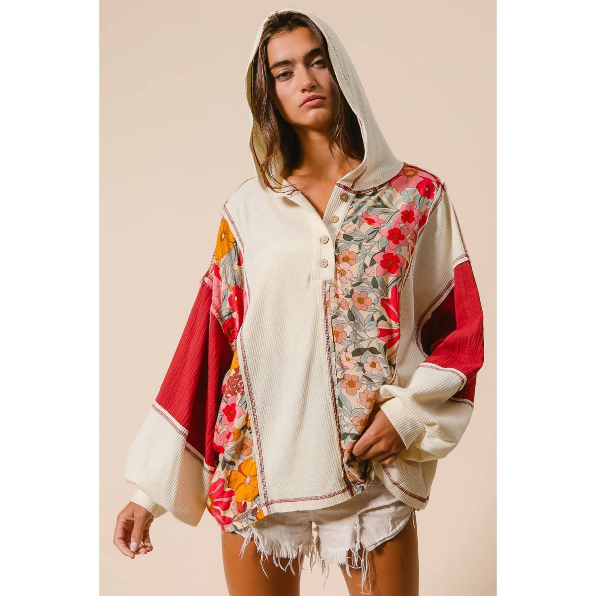 KNIT AND PRINT MIXED HOODIE TOP