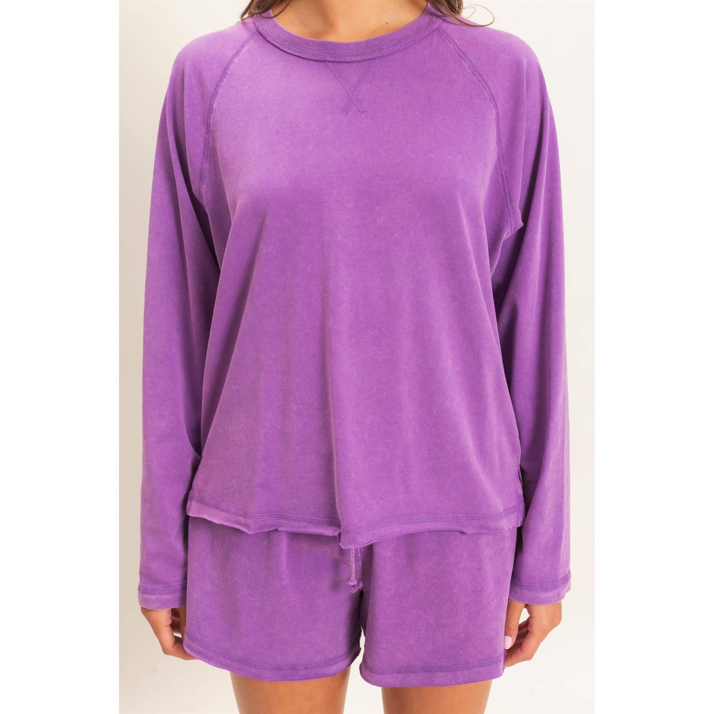 Double Zero Mineral Wash Long Sleeve Raw Edge Top & Shorts Set