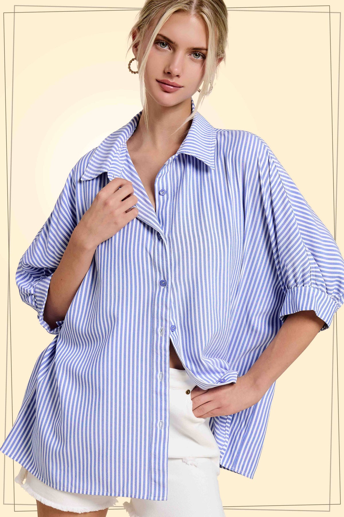 La Miel Relaxed Striped 3/4 Sleeve Button Down Shirt Fall