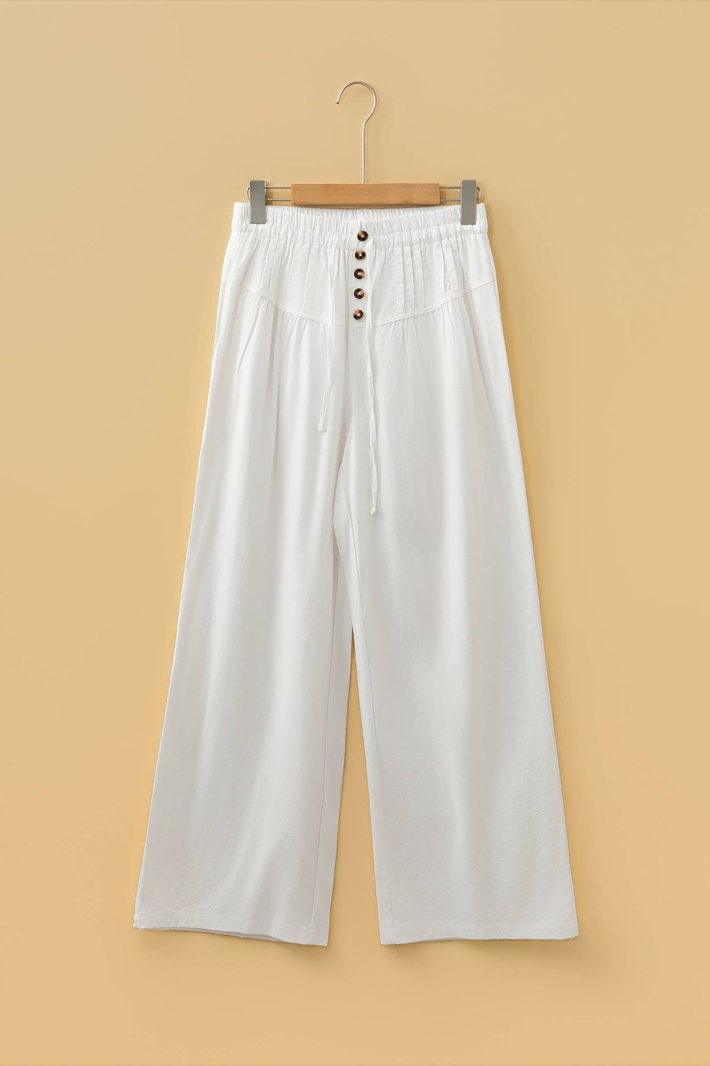 Elastic Waist Button Pleated Detail Wide Leg Pants (S-XL)