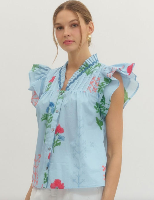 Entro Floral Flutter Sleeve Top V-neck Scallop Accent Trim