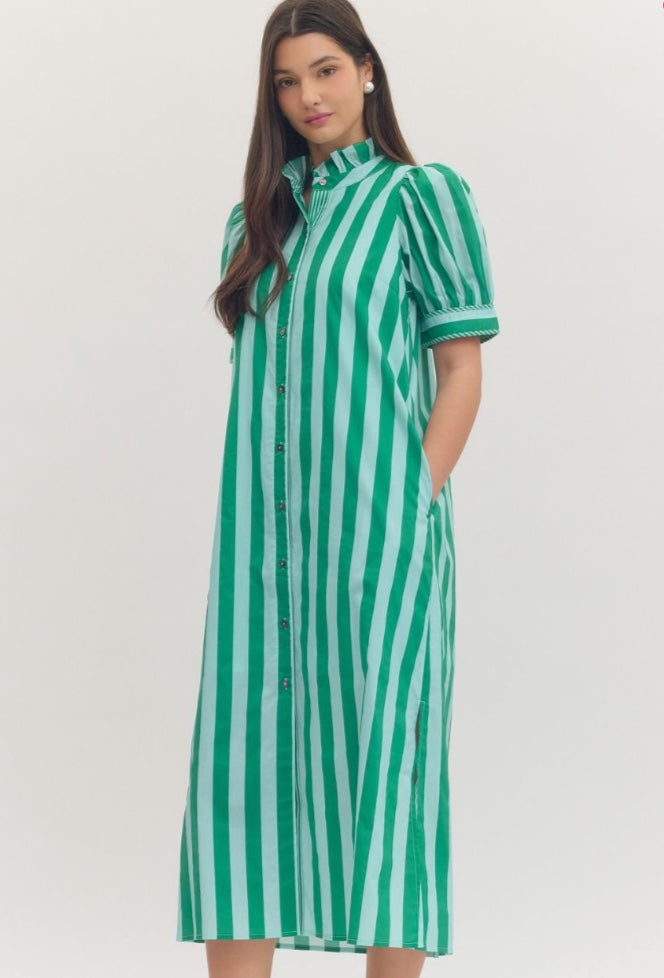 Entro Stripe Print Short Puff Sleeve Midid Dress Ruffled Mock Neckline Green