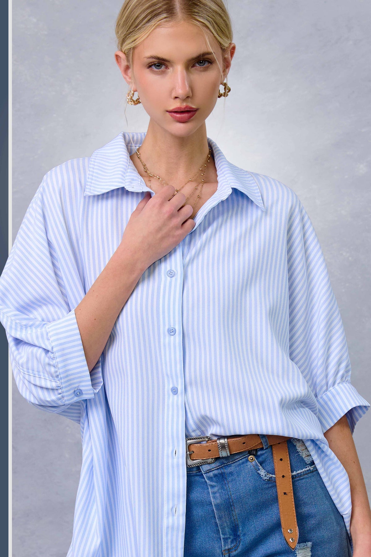 La Miel Relaxed Striped 3/4 Sleeve Button Down Shirt Fall