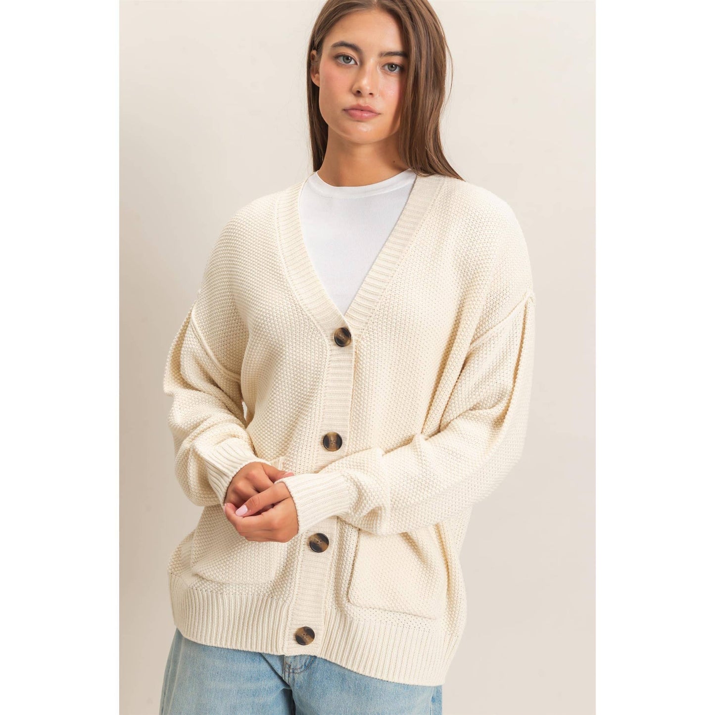 Textured Oversized Knit Buttoned Cardigan