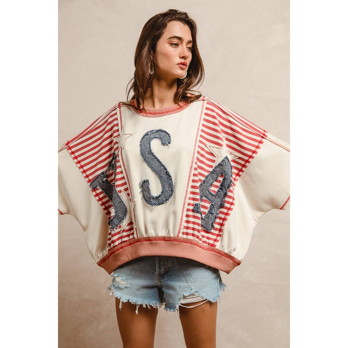 WASHED DENIM USA PATCHWORK STRIPES MIX TOP