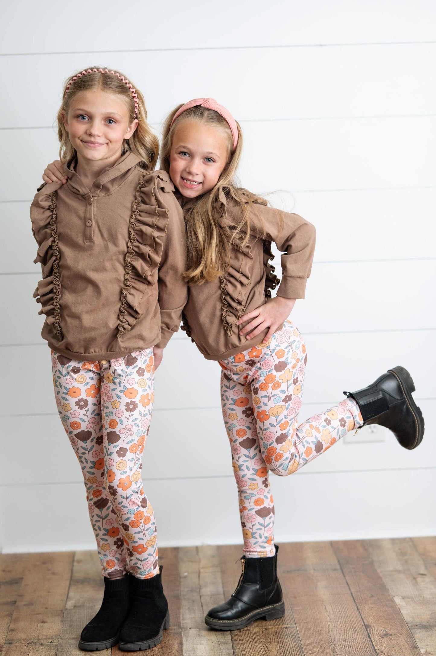 Kids Chocolate Ruffle Hoodie & Floral Fall Pant Set