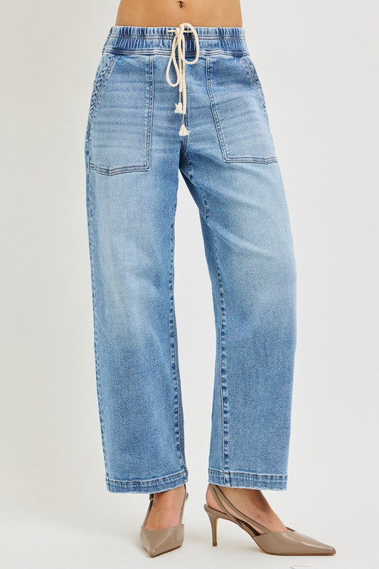 Risen Elastic Band Slouchy Cropped Baggy Jeans With Patch Pockets
