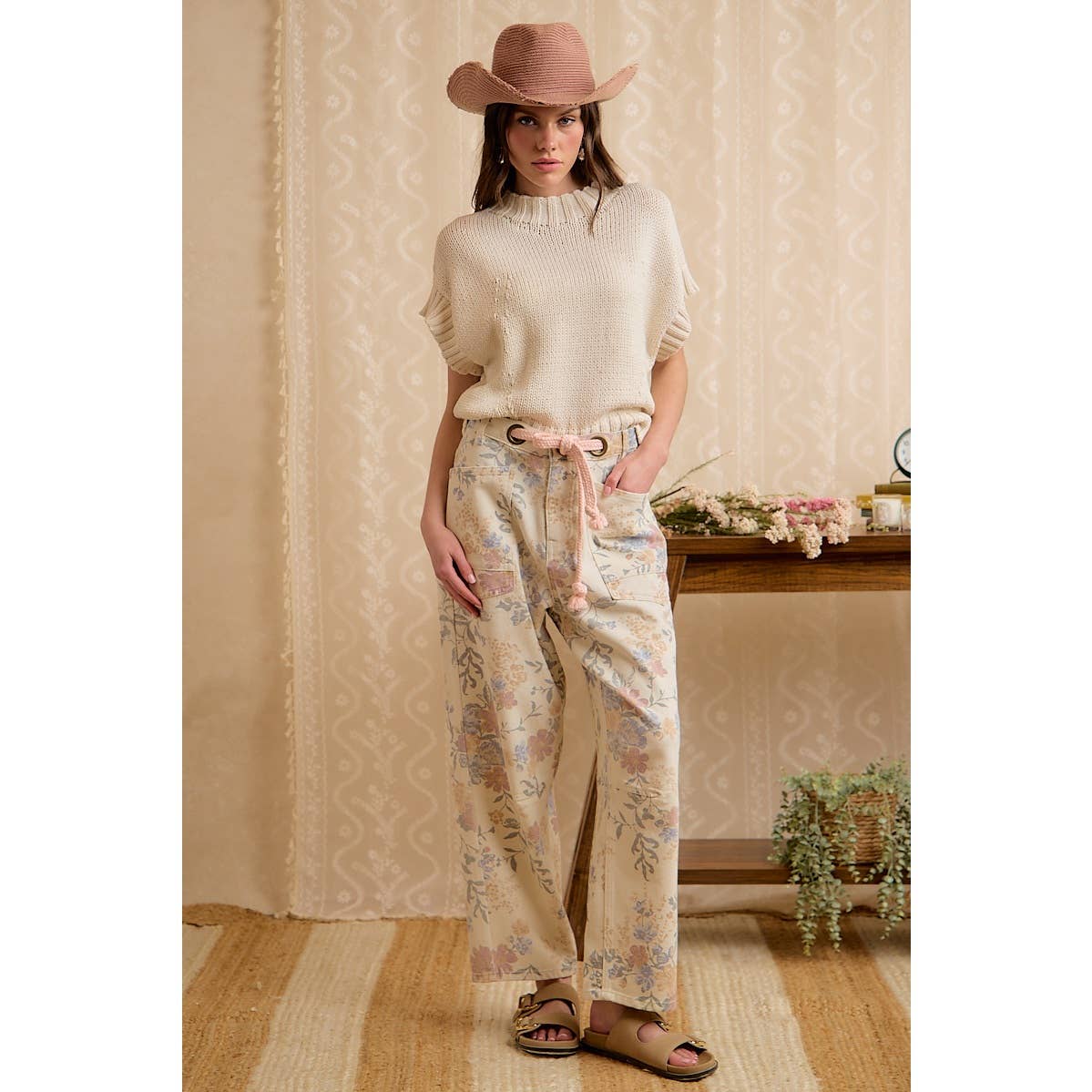 WOMEN VINTAGE WASHED FLORAL COTTON DRAWSTRING PANTS