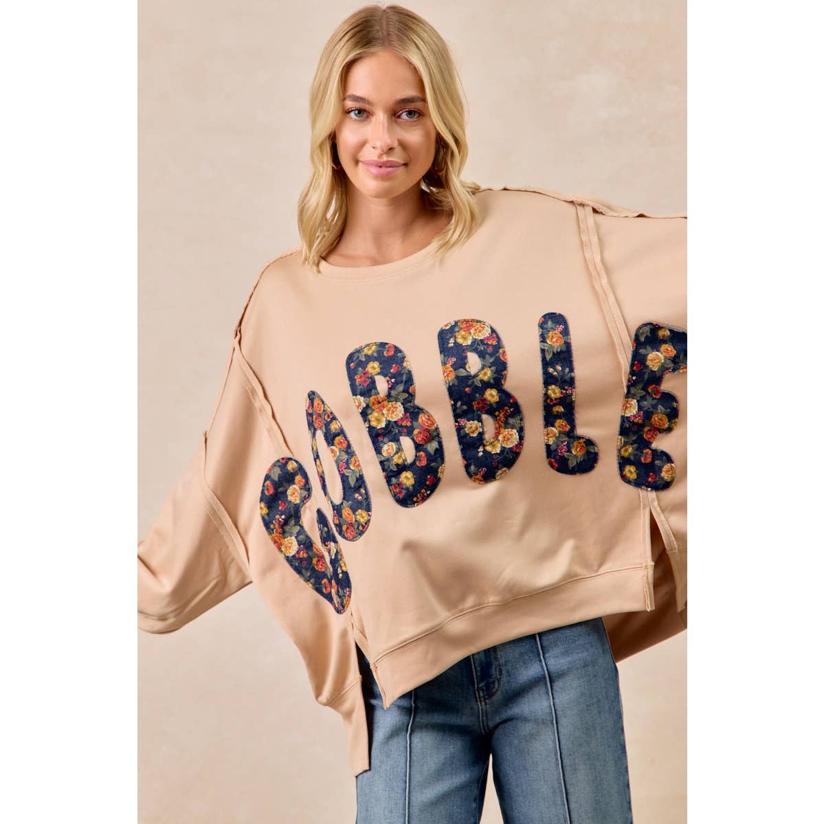 THANKSGIVING GOBBLE LETTER PATCHES SWEATSHIRT