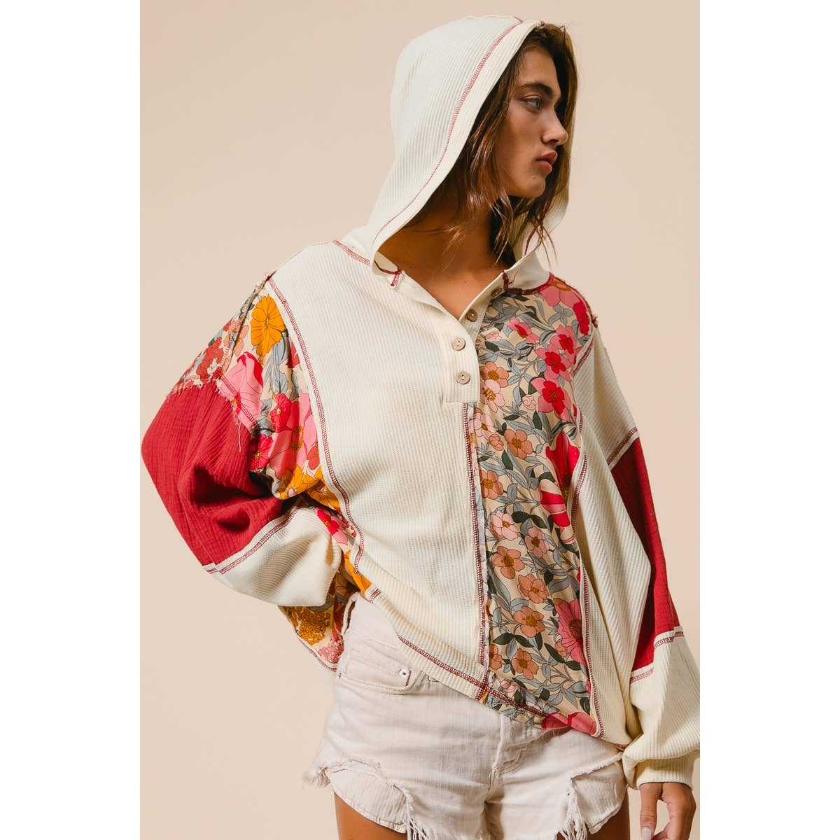 KNIT AND PRINT MIXED HOODIE TOP