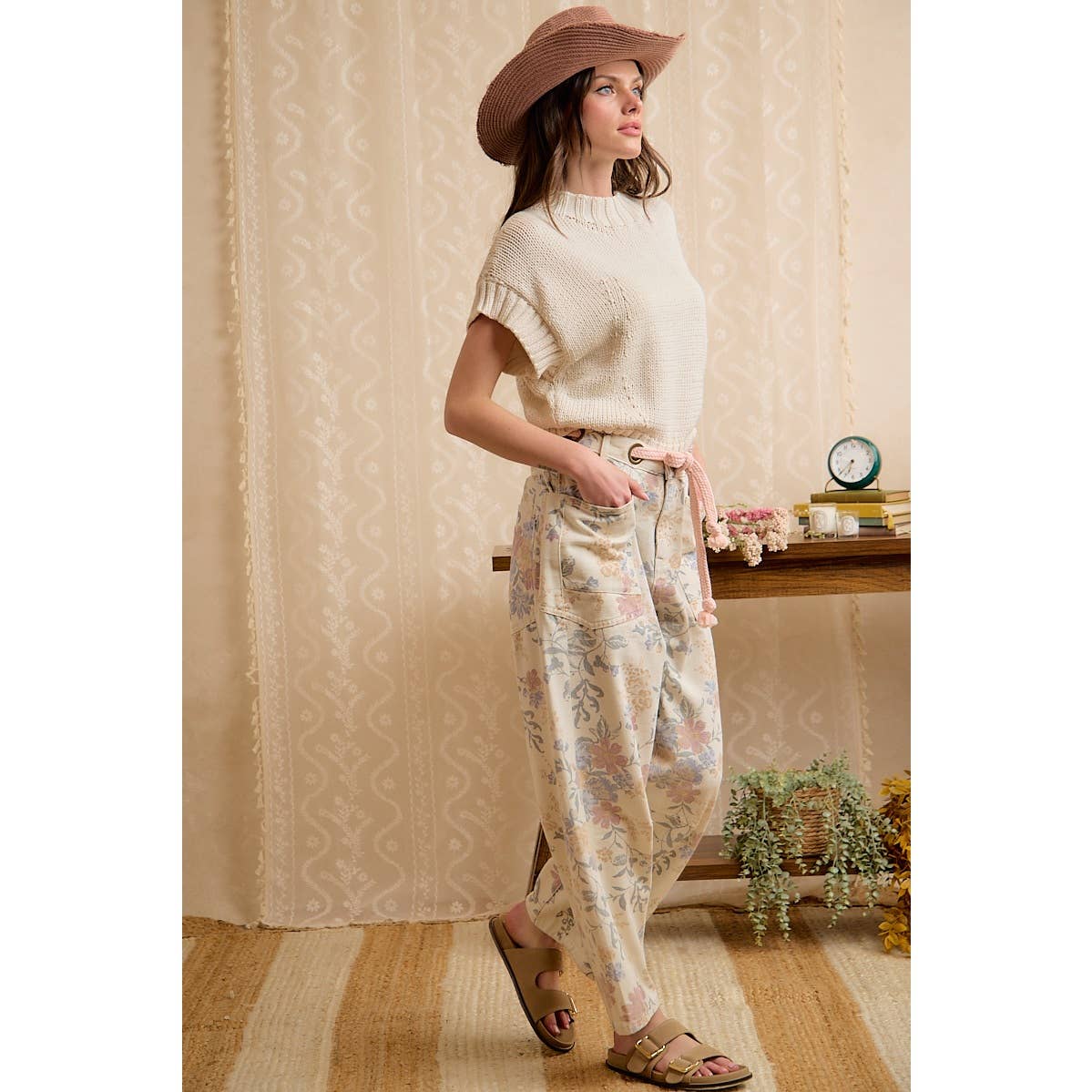 WOMEN VINTAGE WASHED FLORAL COTTON DRAWSTRING PANTS