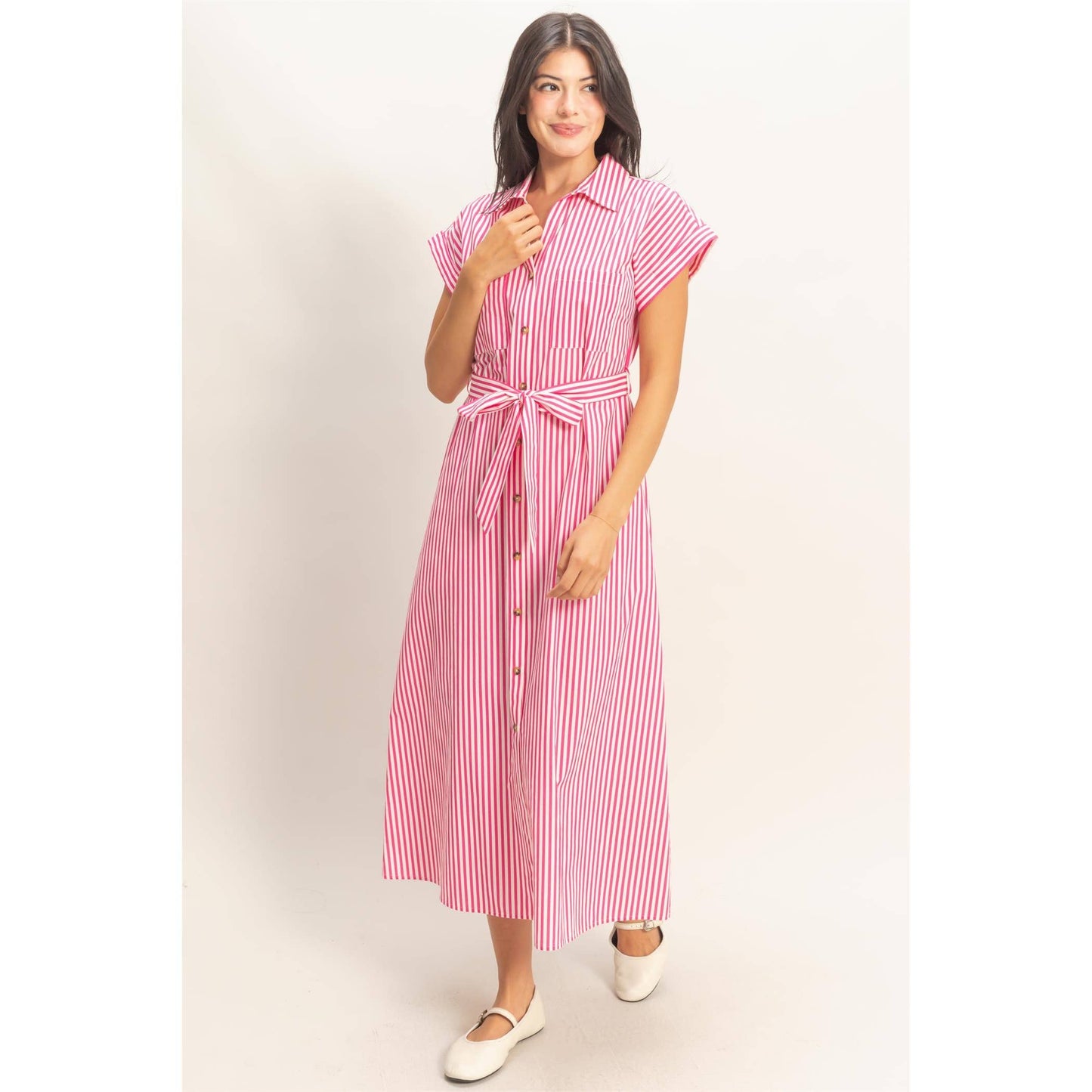 Double Zero Striped Poplin Belted Shirt Dress With Pockets Pink