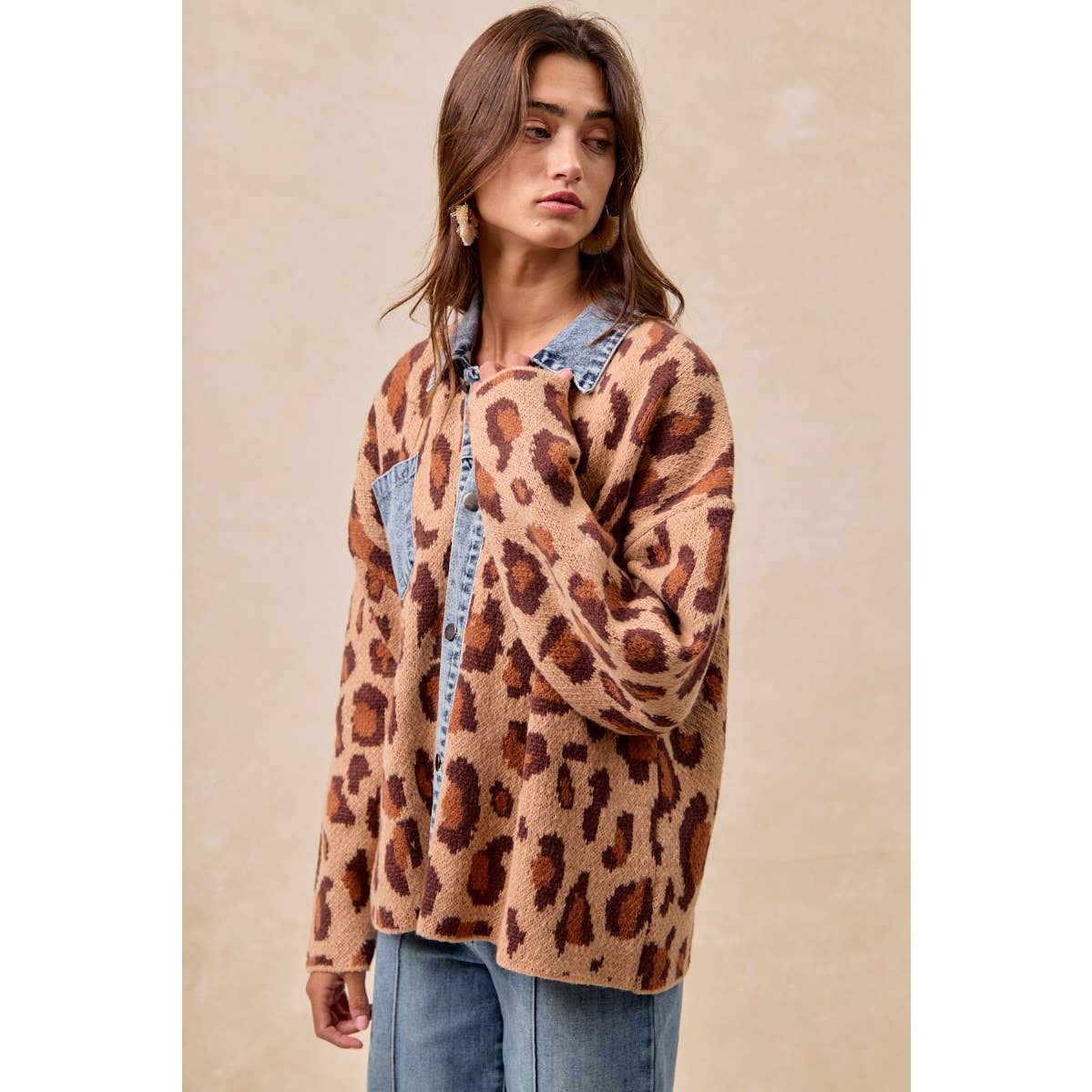 WASHED DENIM MIX AND MATCH LEOPARD SWEATER TOP