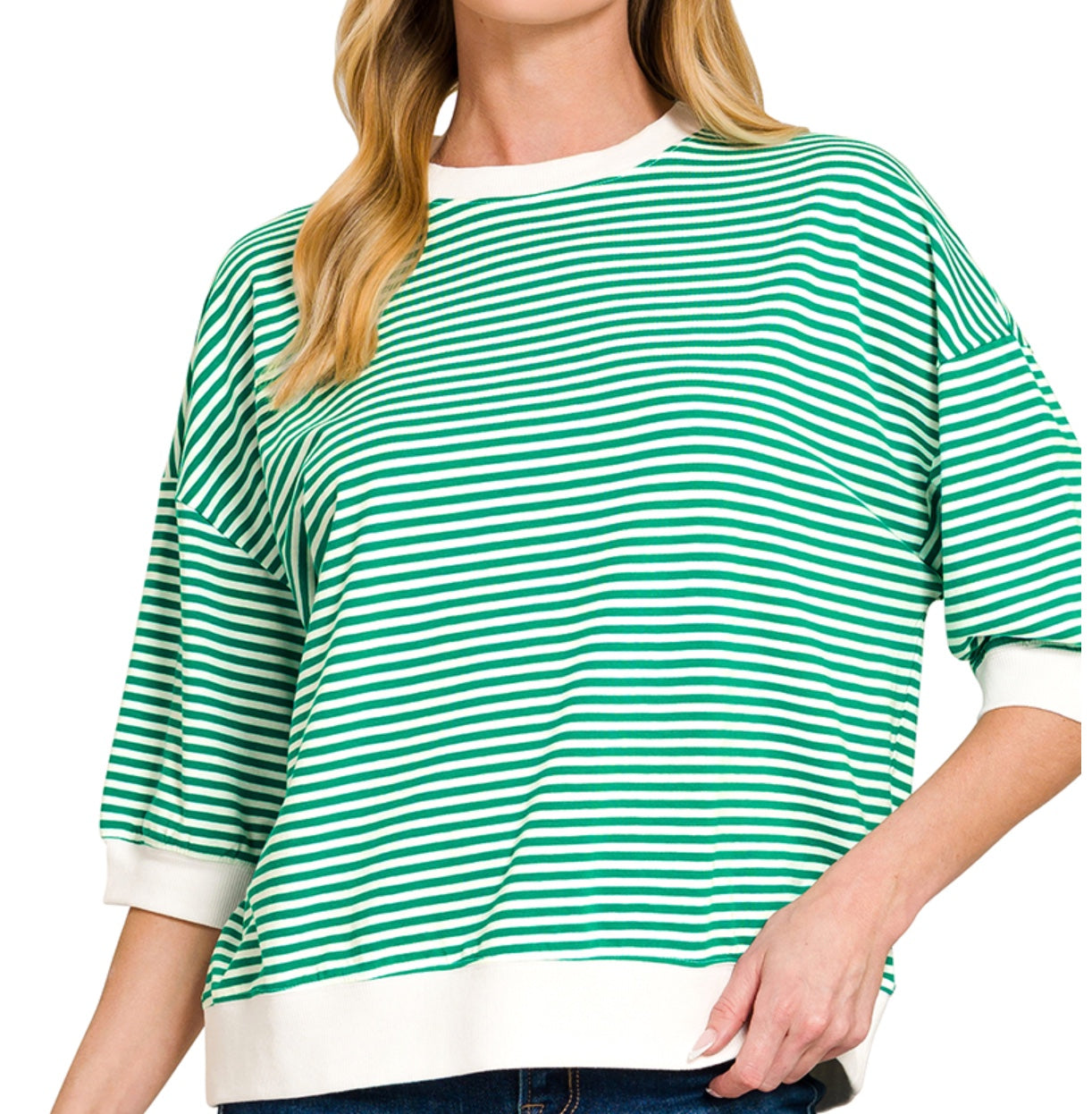 Zenana Striped Contrast Trim Rib Banded Top in Green