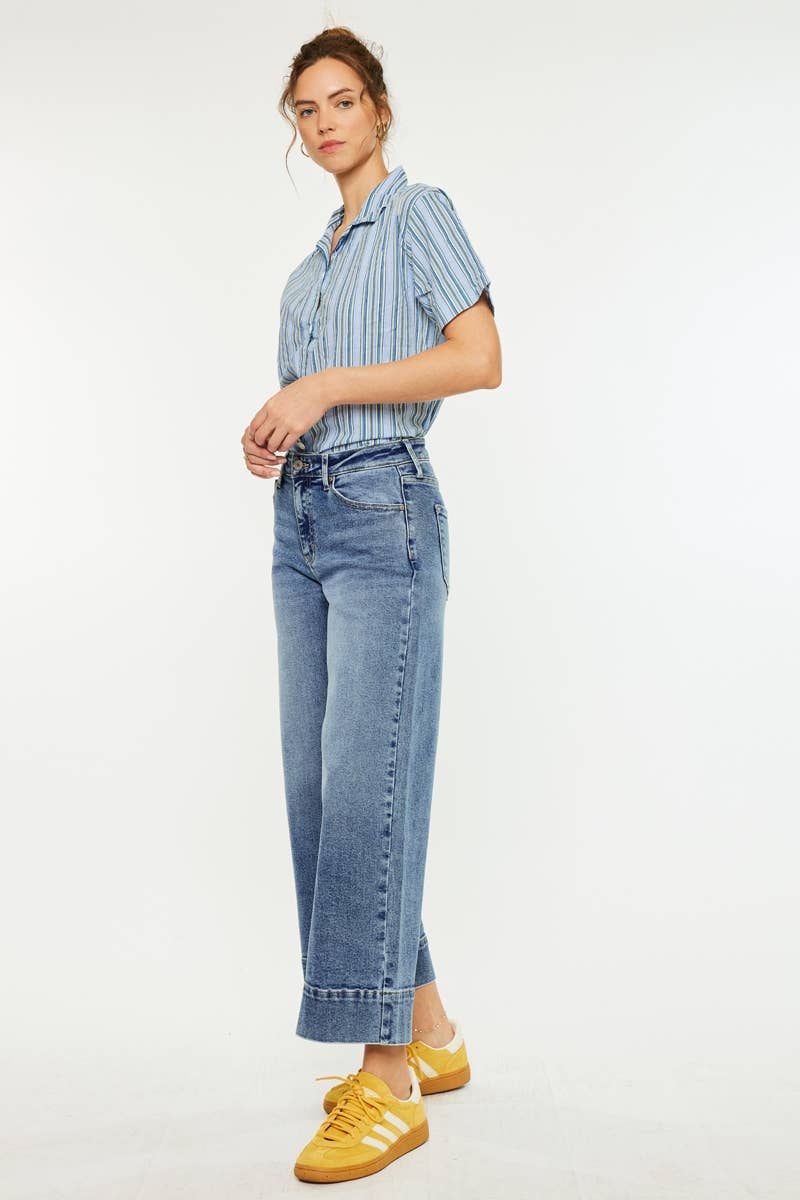 Kan Can USA High Rise Crop Wide Jeans Dark Stone Wash