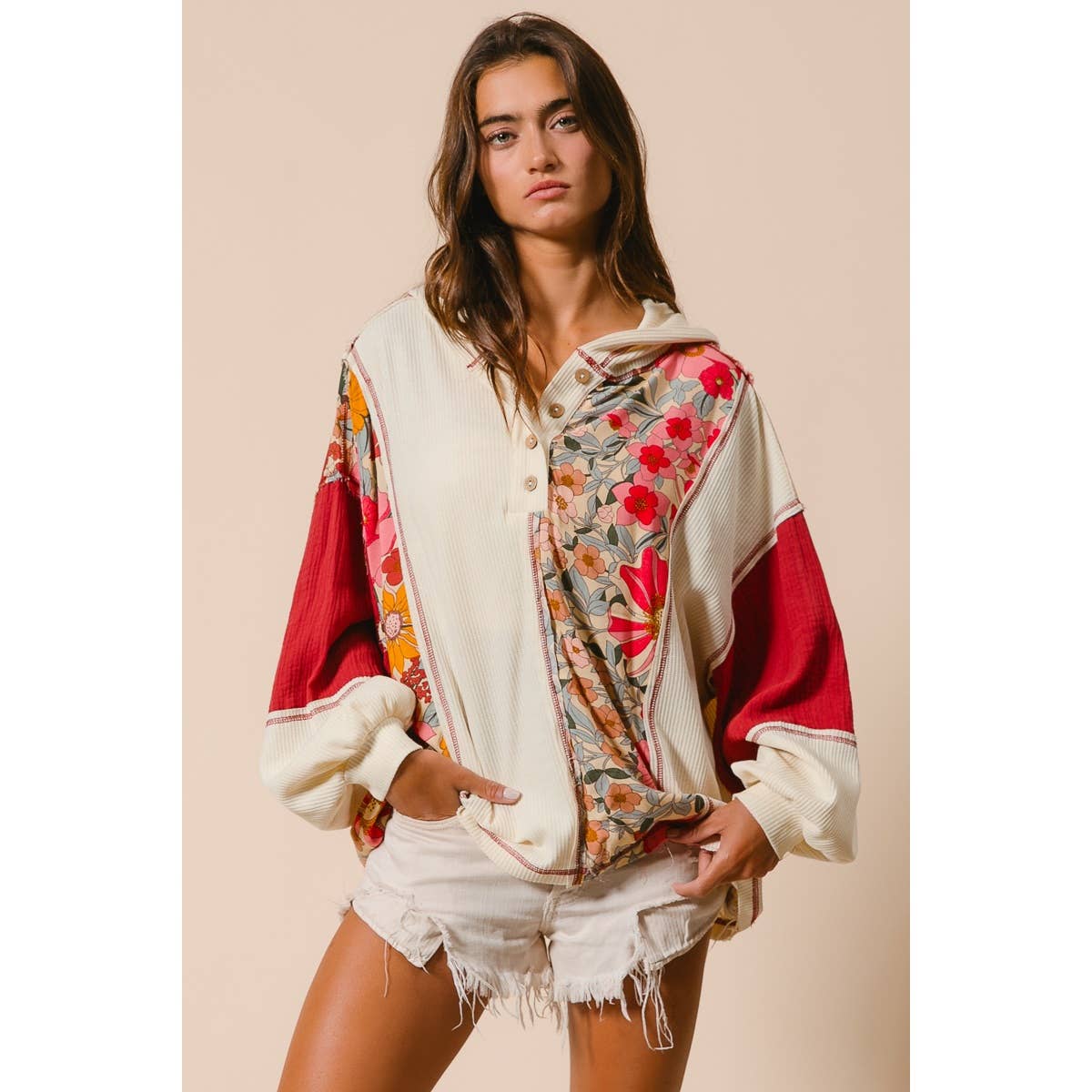 KNIT AND PRINT MIXED HOODIE TOP
