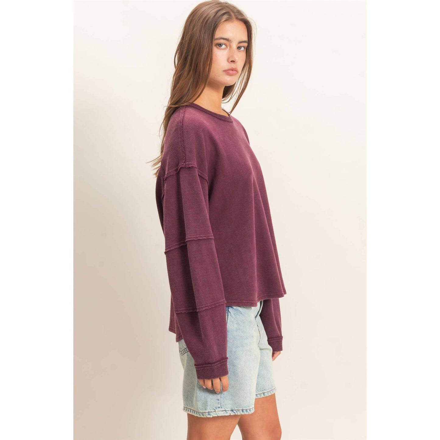 Double Zero Mineral Wash Overzised Raw Edge Crew Neck Top