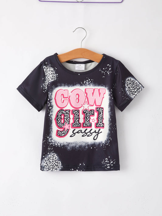 Girl Leopard Letter Bleached Short Sleeve Cow Girl Sassy