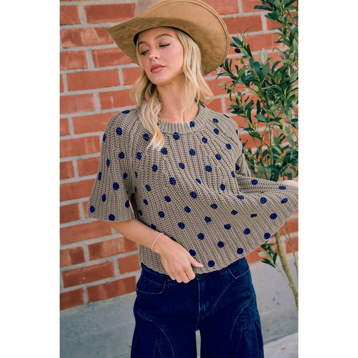FLARED SLEEVES POLKA DOTS PRINTED CHUNKY SWEATER TOP