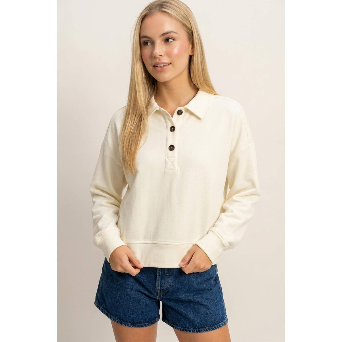 Washed Button-Front Collared Sweatshirt