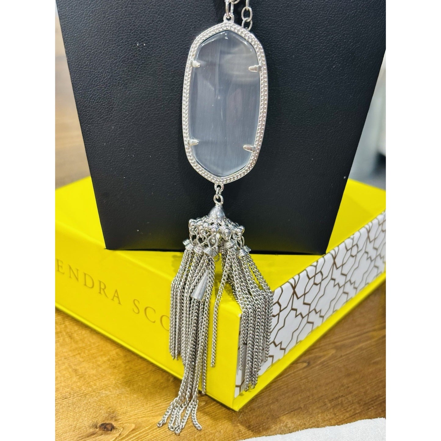 Kendra Scott Rayne Silver Tassel Necklace In Gray Cats Eye