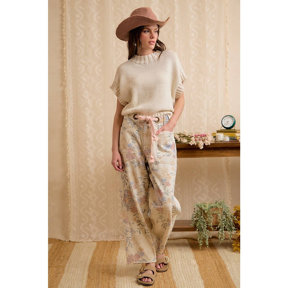 WOMEN VINTAGE WASHED FLORAL COTTON DRAWSTRING PANTS