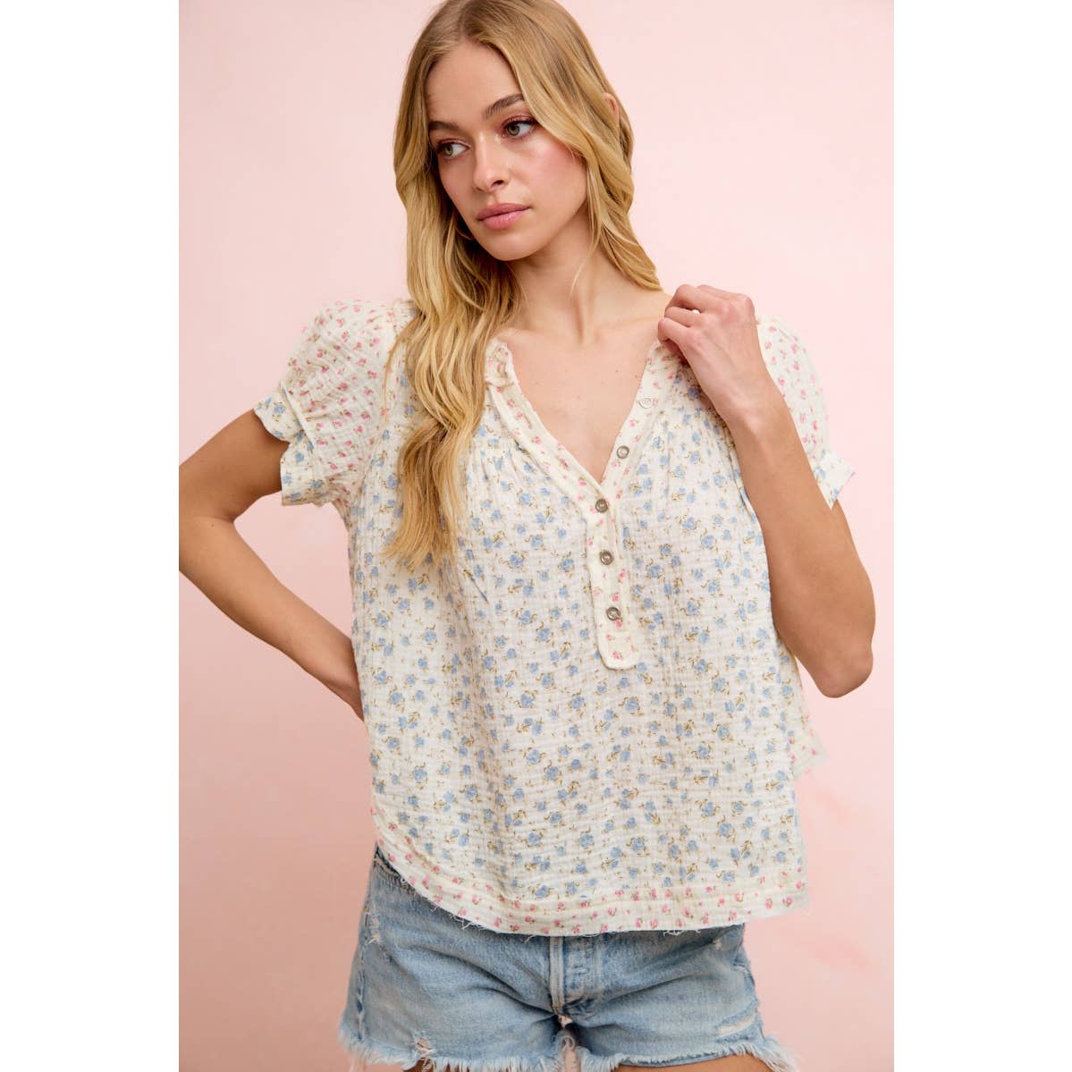 BiBI FLORAL CRINKLE NECKDROP SHORT SLEEVE BLOUSE TOP
