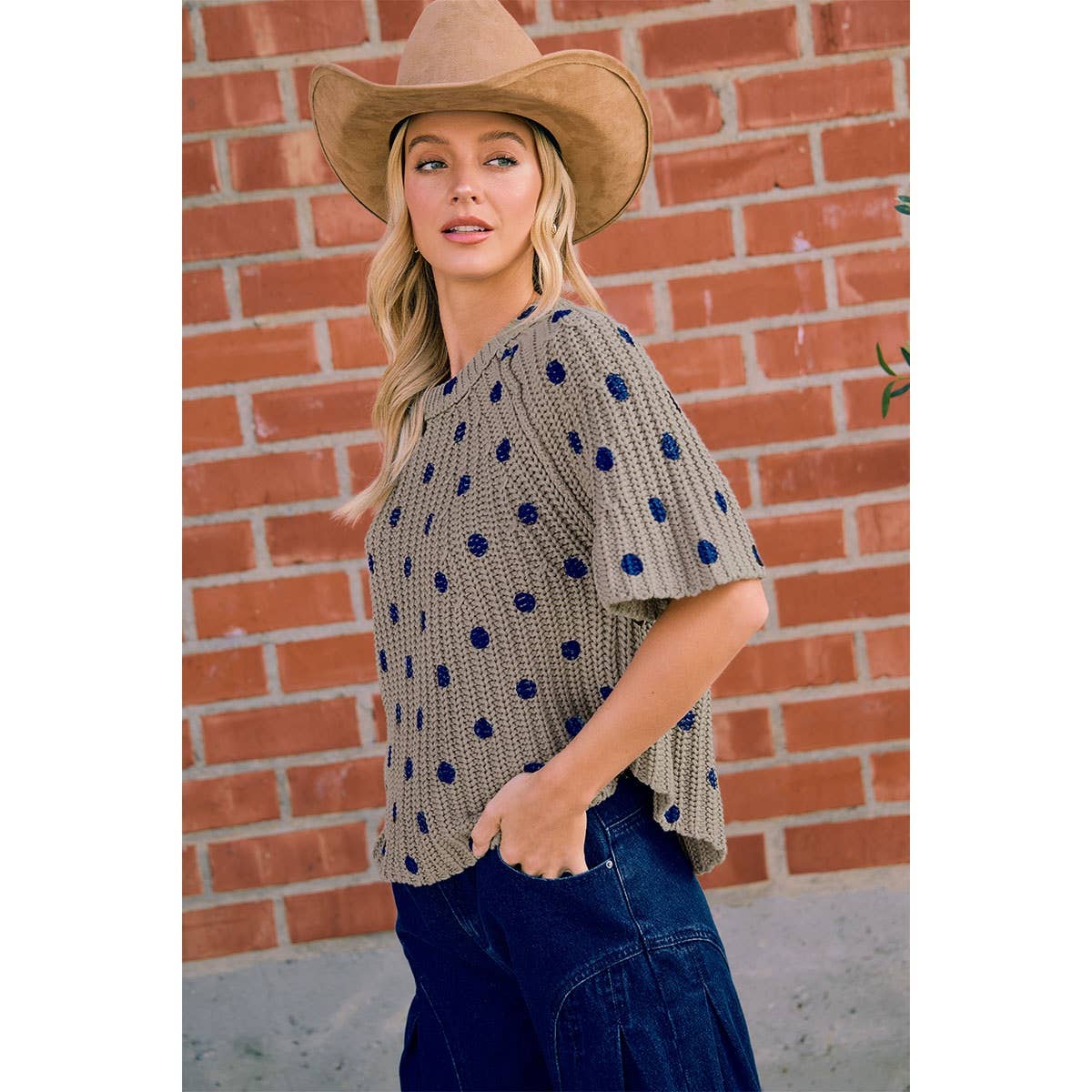 FLARED SLEEVES POLKA DOTS PRINTED CHUNKY SWEATER TOP