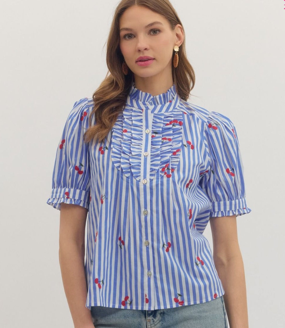 Entro Striped Embroidered Cherry Puff Sleeve Button Top