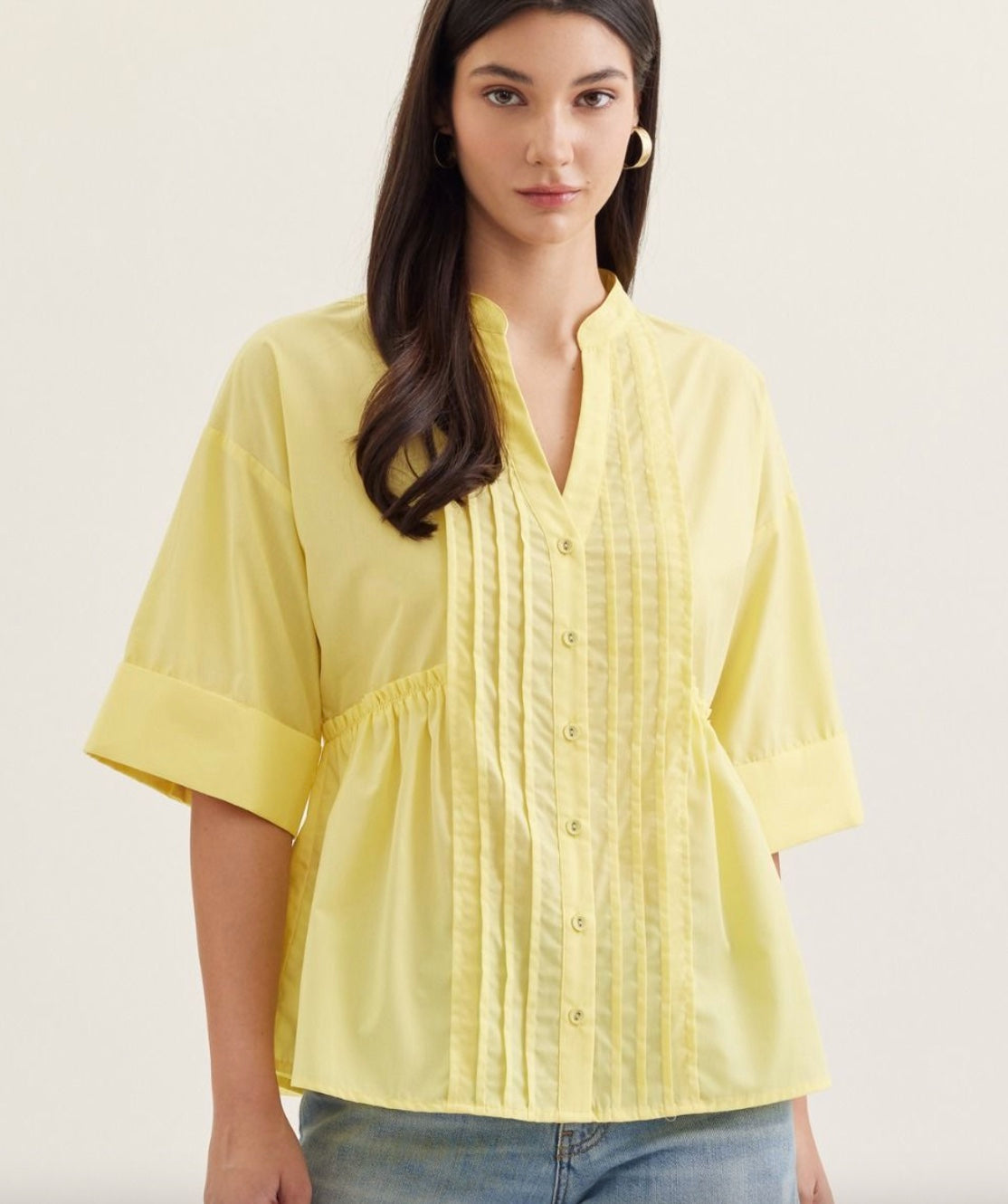 Entro Solid Cuffed Short Sleeve Top Featuring Pleated Front Panel Button Closure in Yellow