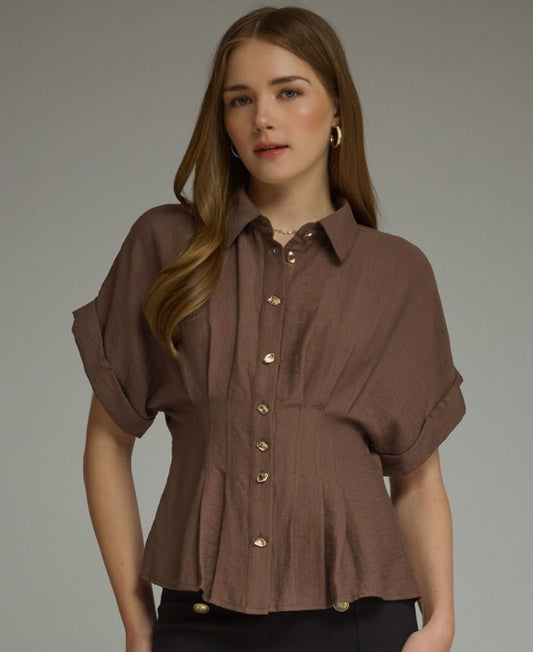 Entro Solid Short Dolman Sleeve Top Featuring Button Closure at Front