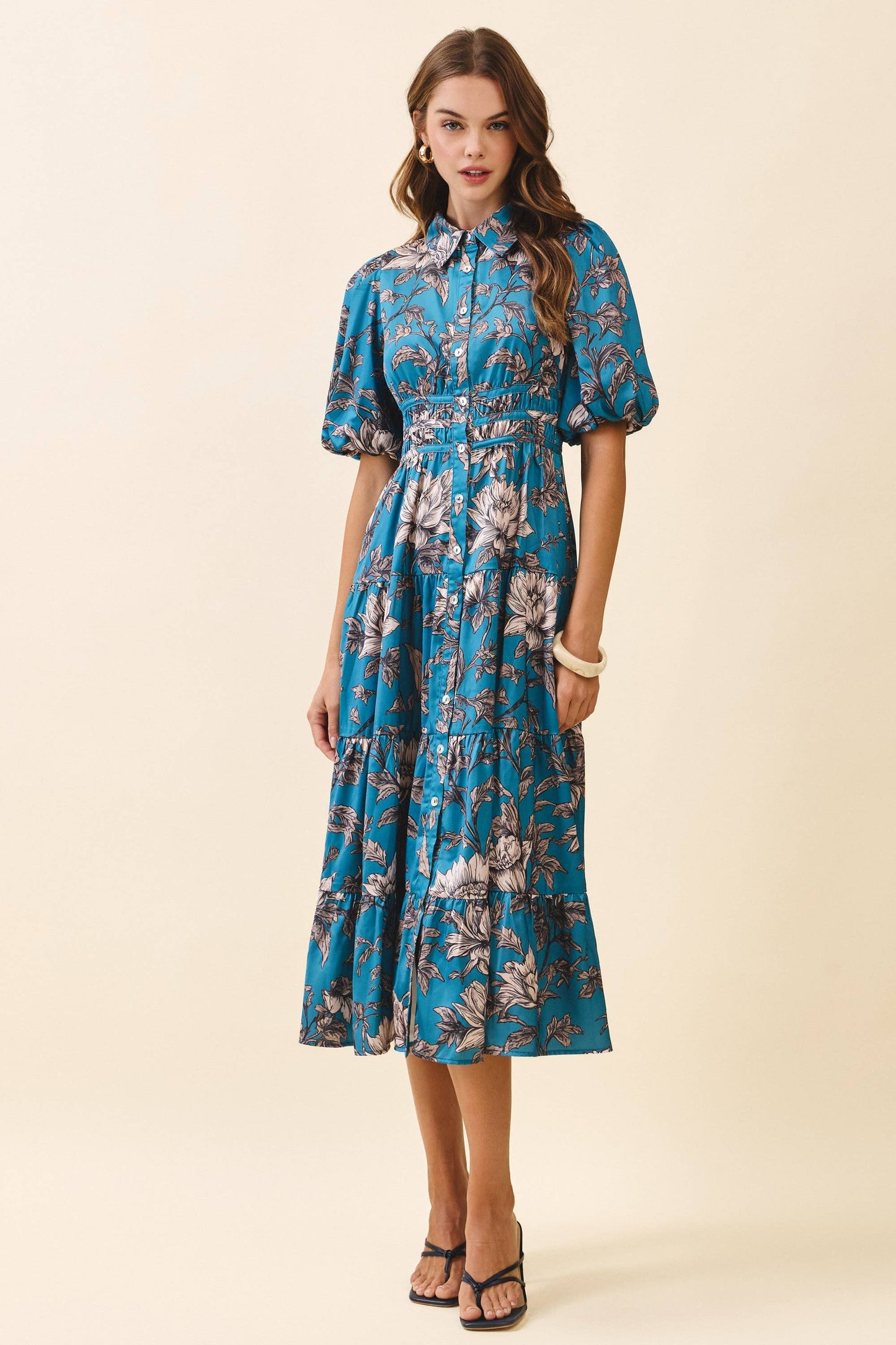 CD06279-Floral Print Collared Neck Button Front Dress