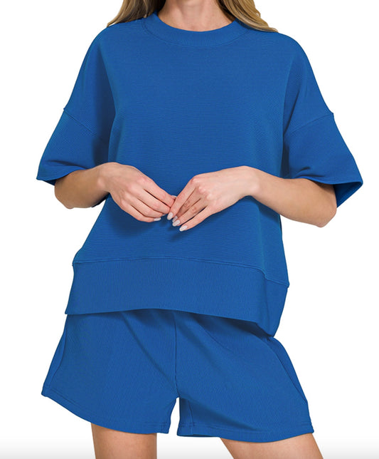 Zenana Ribbed round neck waist banded tee &amp; shorts set Classic Blue