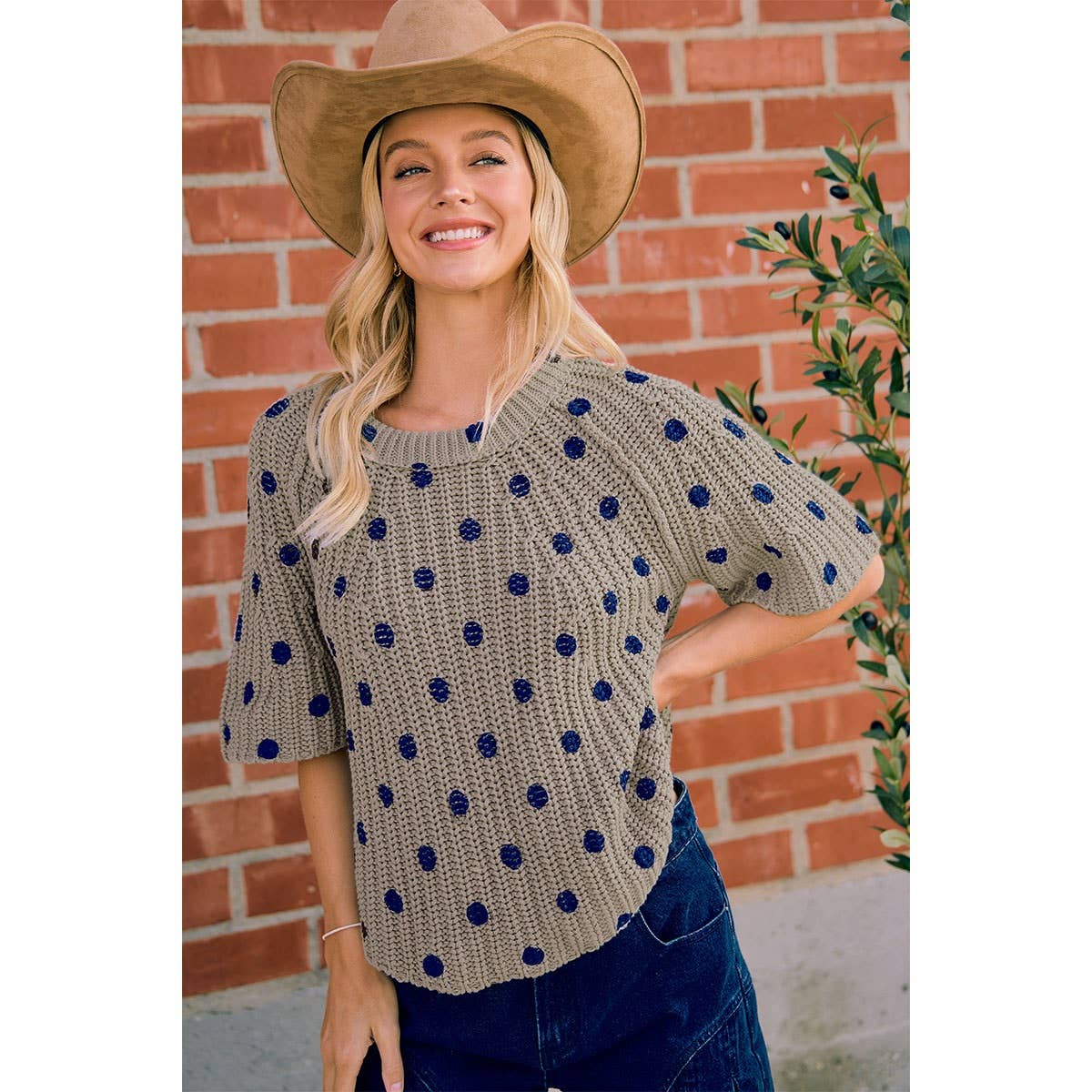 FLARED SLEEVES POLKA DOTS PRINTED CHUNKY SWEATER TOP