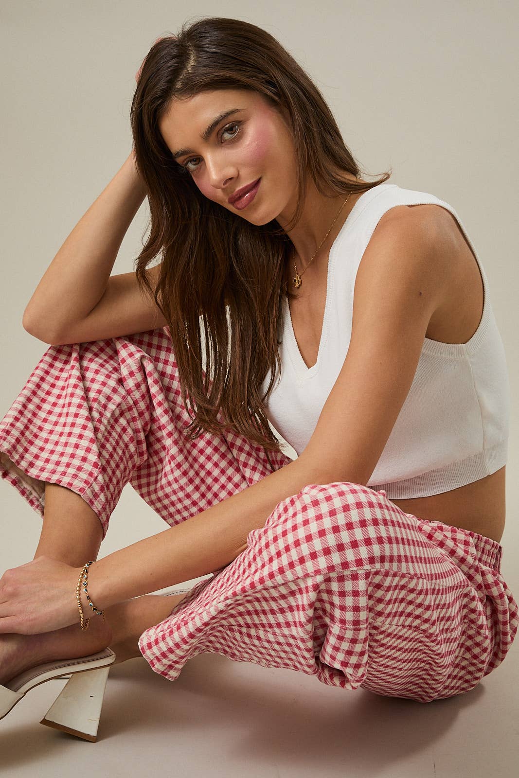 ELASTIC WAIST BAND GINGHAM PRINTED BARREL FIT TWILL PANTS