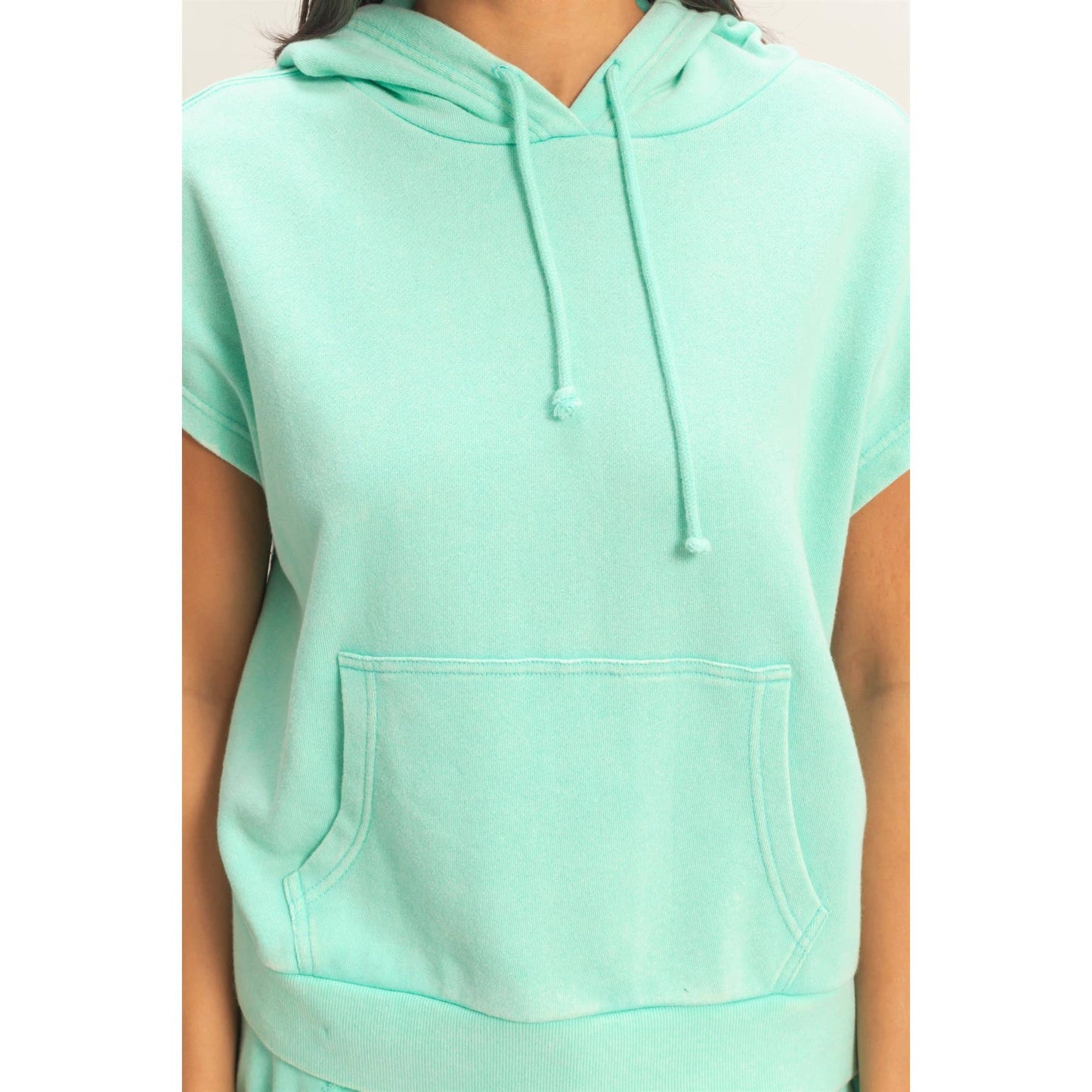 Acid Washed Sleeveless Hooded Kangaroo Pocket Top